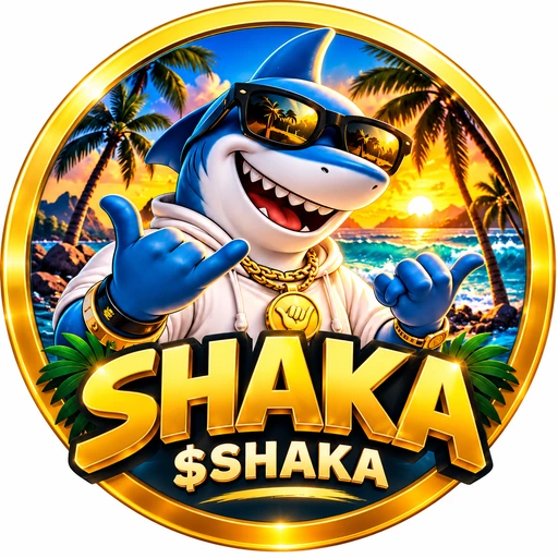 SHAKA shark mascot on a tropical gold coin